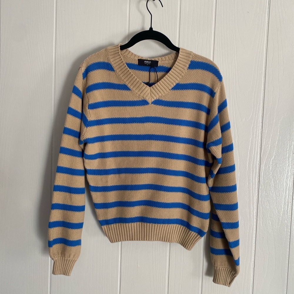 NWT ABLE Haven Seed Stitch Sweater in Brown Sugar/ Blue Stripe XS